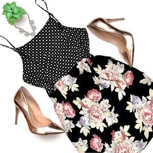Reformation Black Polka Dot and Floral Mini Dress